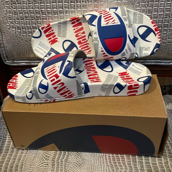 Champion Shoes - Champion White Slides with Red and Blue Logo Print